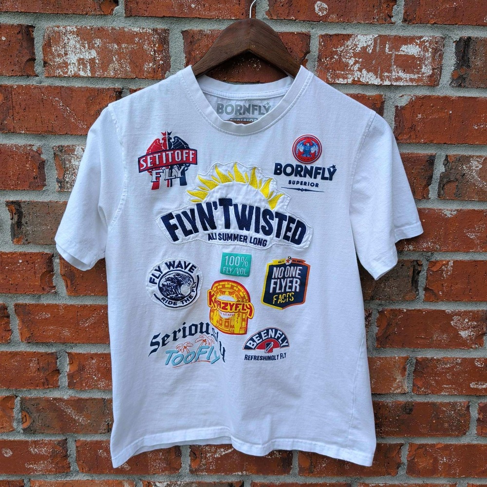Born Fly Graphic T-Shirt Mens Small White Multi Patch Flyn Twisted Streetwear